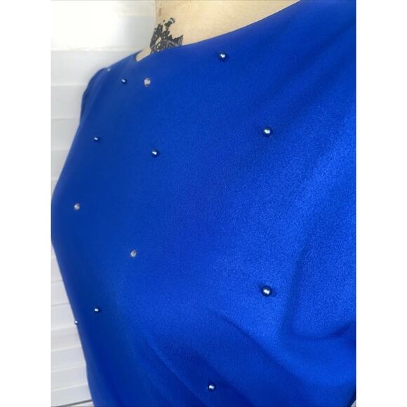 Vintage Pat Richards Blue Crepe Rhinestone Cocktail Dress Lined Women’s Sz Large - Picture 8 of 9